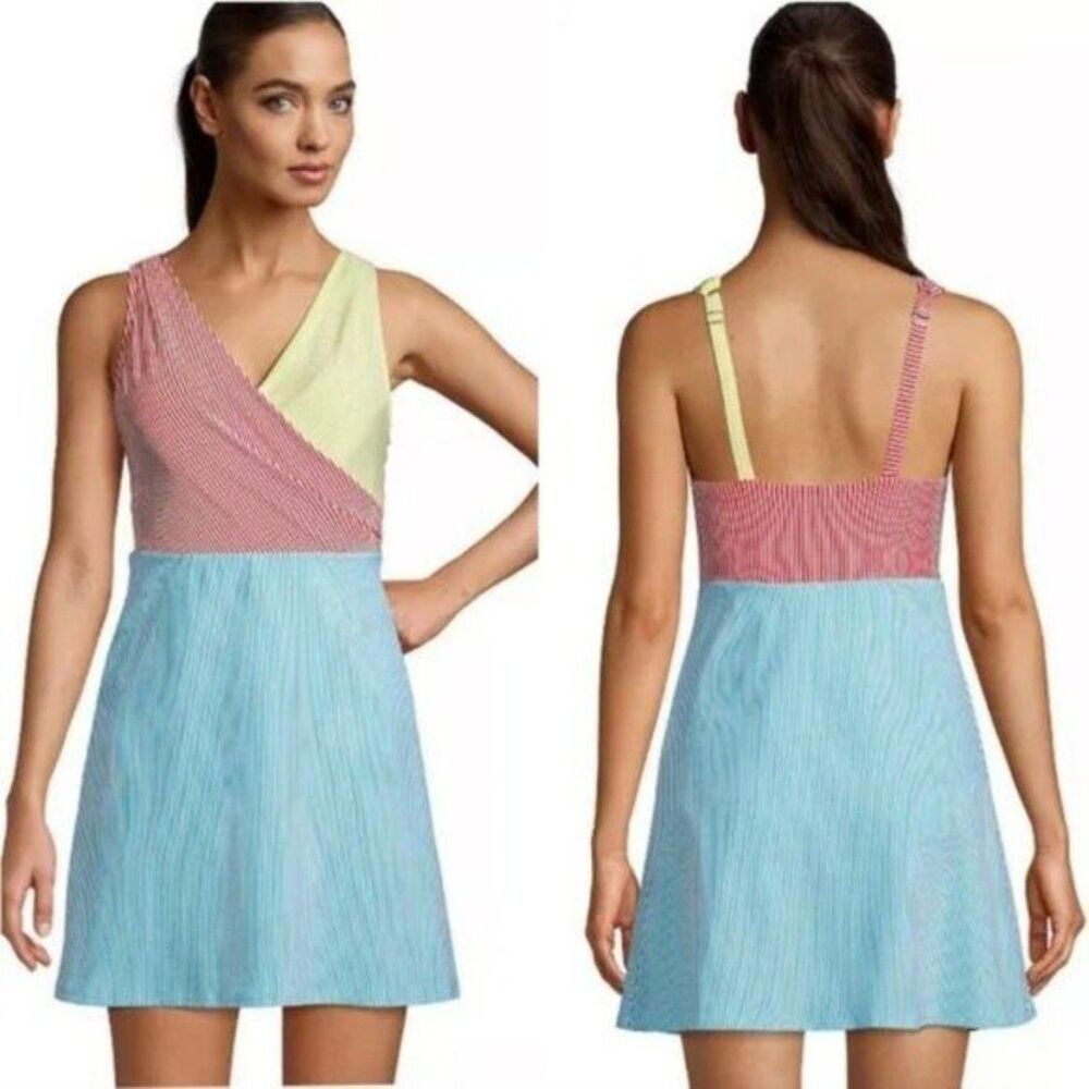 Lands' End Chlorine Resistant Control Seersucker One Piece Swimsuit Dress Sz. 14